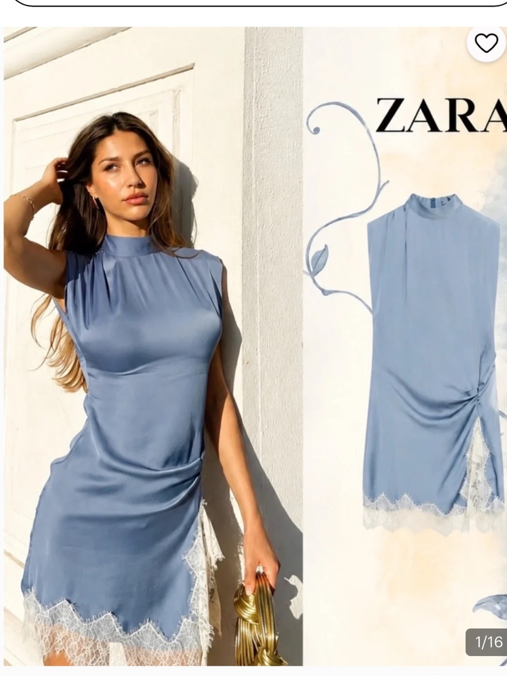 Zara Dusty Blue Satin Mini Dress with White Lace Trim